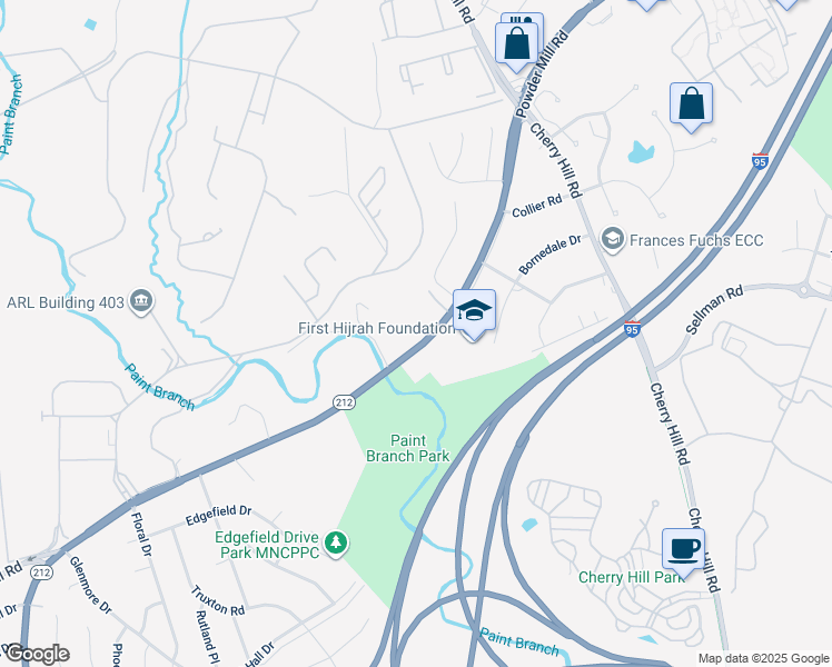 map of restaurants, bars, coffee shops, grocery stores, and more near 3206 Powder Mill Rd in Hyattsville