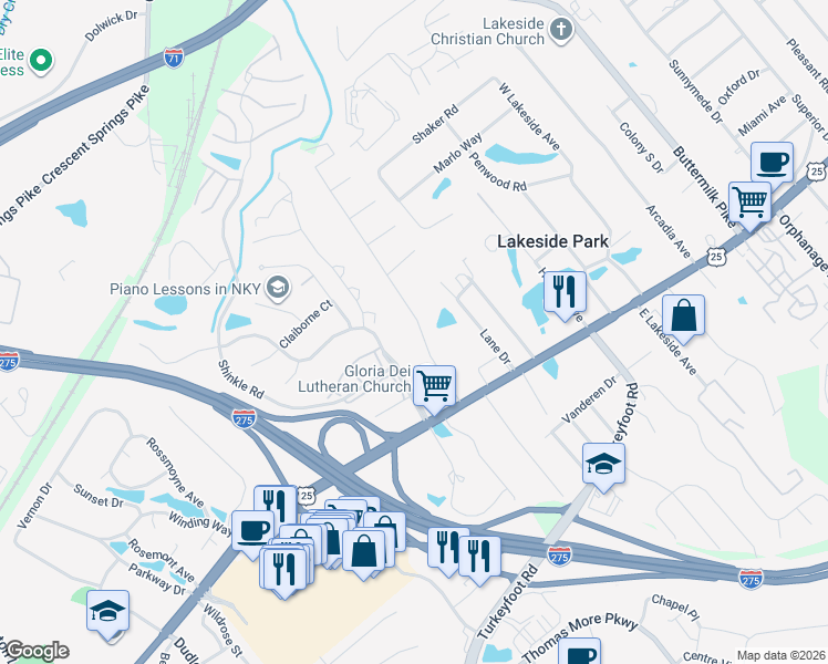 map of restaurants, bars, coffee shops, grocery stores, and more near 39 Carran Drive in Lakeside Park