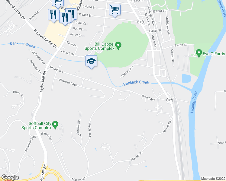 map of restaurants, bars, coffee shops, grocery stores, and more near 301 Grand Avenue in Taylor Mill