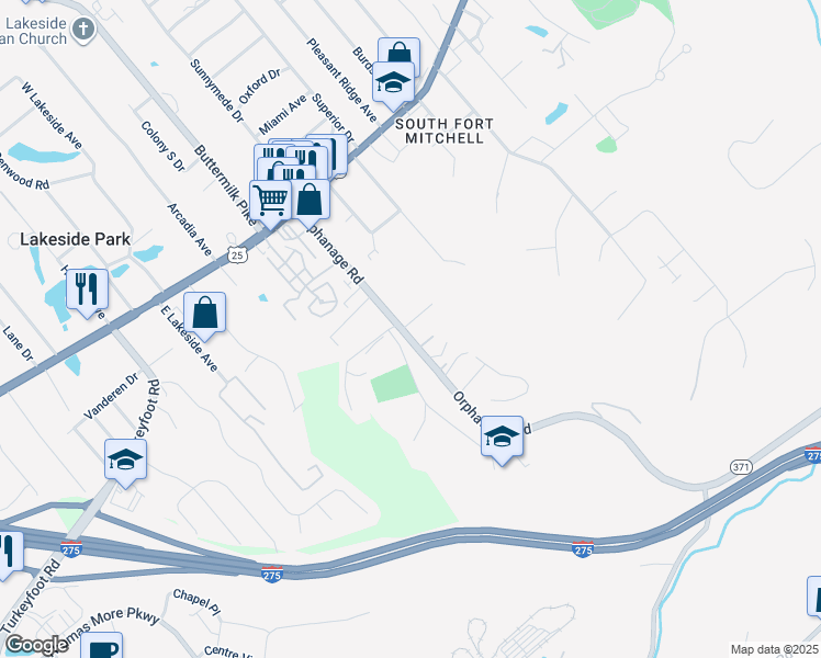 map of restaurants, bars, coffee shops, grocery stores, and more near 75 Orphanage Road in Fort Mitchell