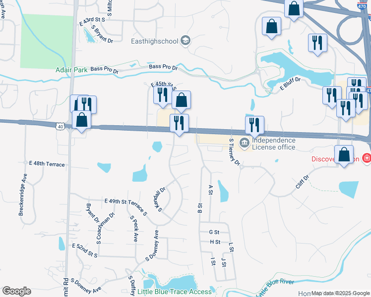 map of restaurants, bars, coffee shops, grocery stores, and more near 4711 South Shrank Drive in Independence