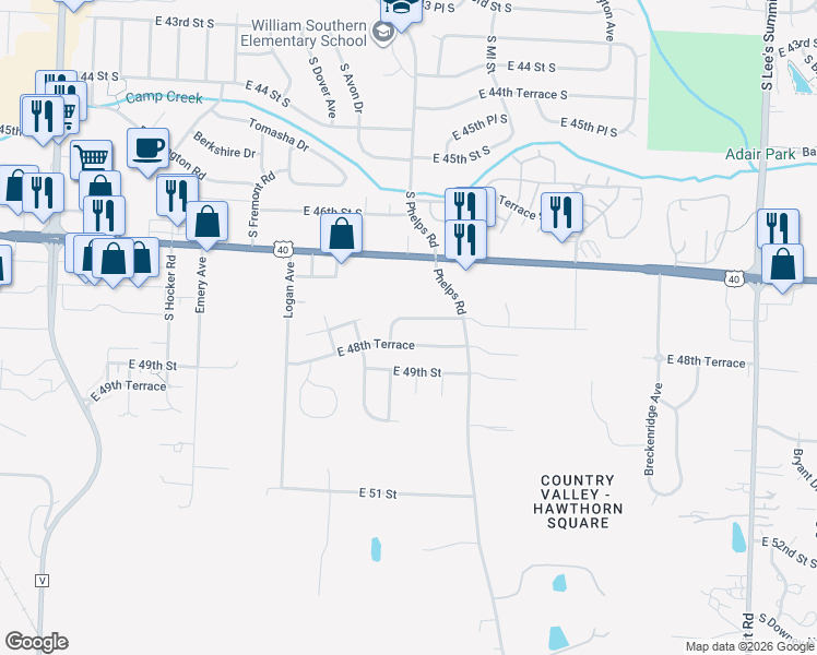 map of restaurants, bars, coffee shops, grocery stores, and more near 15215 East 48th Street in Kansas City