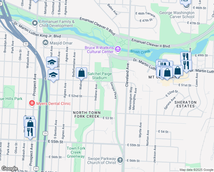 map of restaurants, bars, coffee shops, grocery stores, and more near 3521 East 51st Street in Kansas City