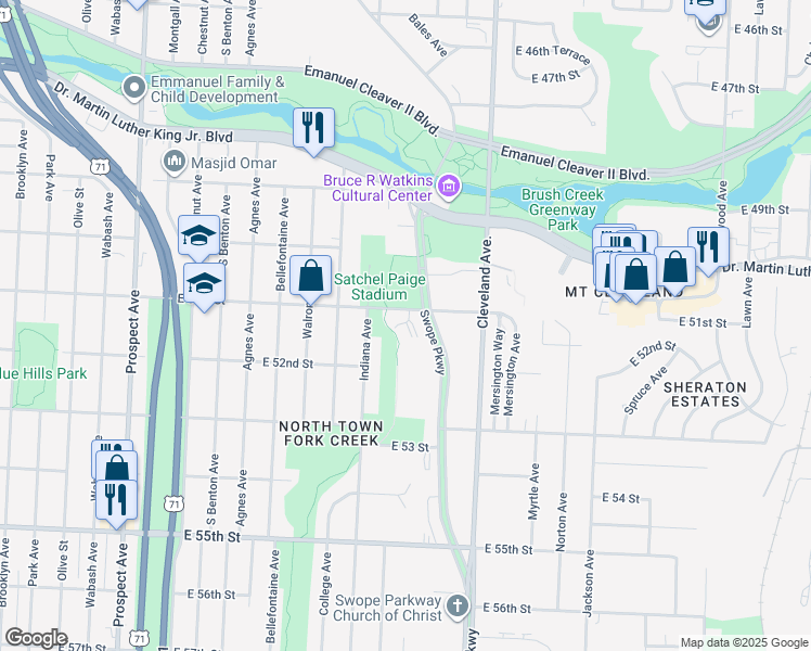 map of restaurants, bars, coffee shops, grocery stores, and more near 3521 East 51st Street in Kansas City