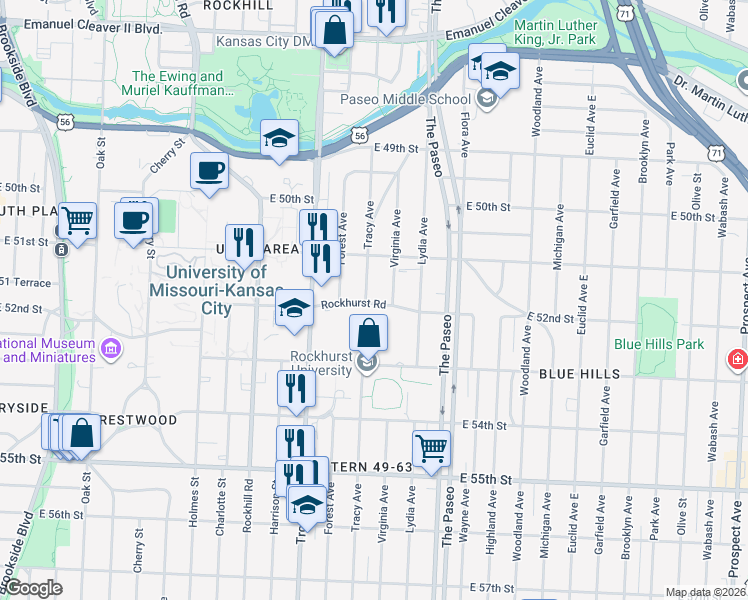 map of restaurants, bars, coffee shops, grocery stores, and more near 1314 Rockhurst Road in Kansas City