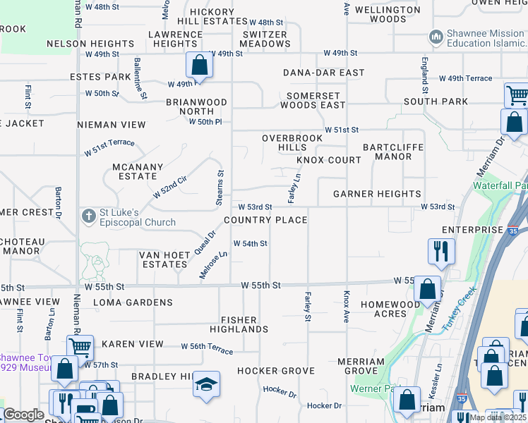 map of restaurants, bars, coffee shops, grocery stores, and more near 10023 West 53rd Street in Merriam