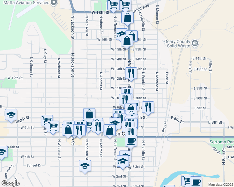 map of restaurants, bars, coffee shops, grocery stores, and more near 1011 North Jefferson Street in Junction City