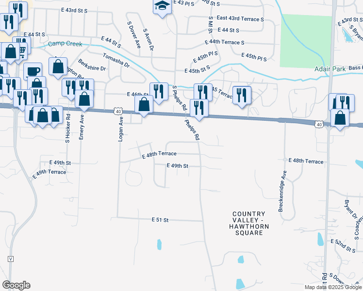 map of restaurants, bars, coffee shops, grocery stores, and more near 15215 East 48th Street in Kansas City