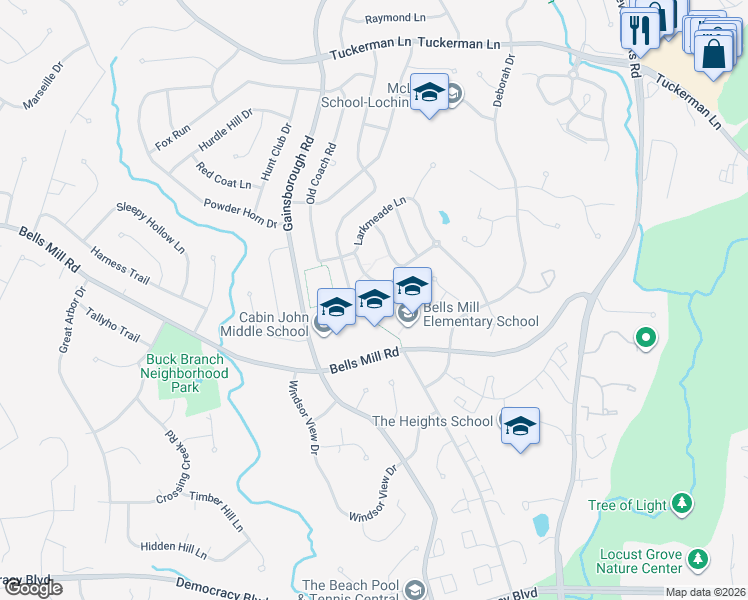 map of restaurants, bars, coffee shops, grocery stores, and more near 8436 Bells Ridge Terrace in Rockville