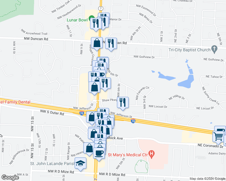 map of restaurants, bars, coffee shops, grocery stores, and more near 1216 Northwest 6 Terrace in Blue Springs