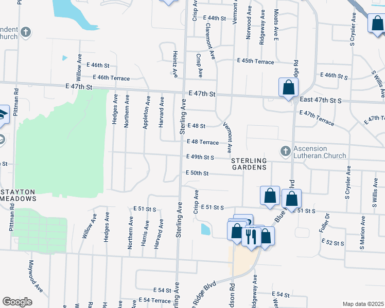 map of restaurants, bars, coffee shops, grocery stores, and more near 11204 East 49th Street South in Kansas City