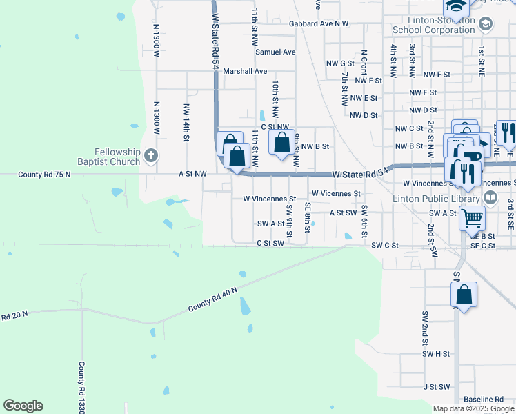 map of restaurants, bars, coffee shops, grocery stores, and more near 110 Southwest 10th Street in Linton