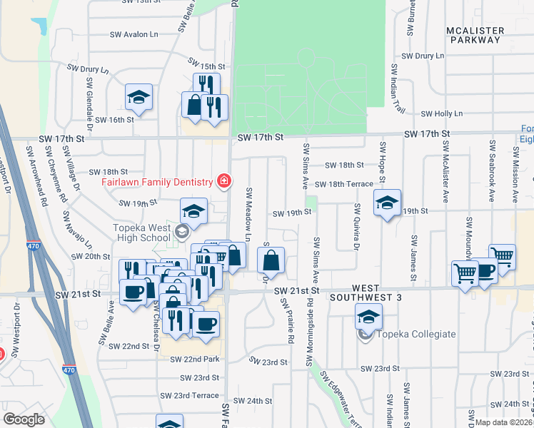 map of restaurants, bars, coffee shops, grocery stores, and more near 4998 Southwest 19th Street in Topeka