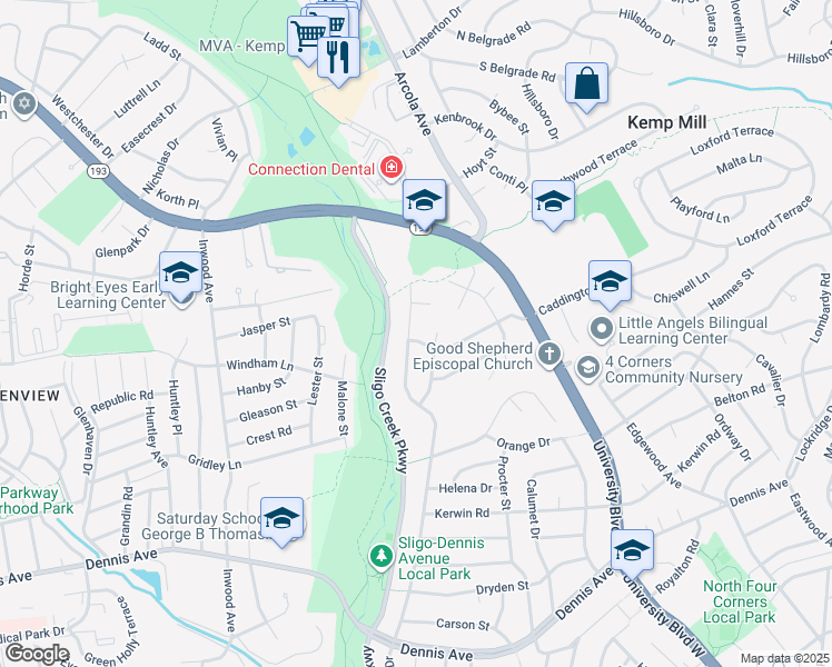 map of restaurants, bars, coffee shops, grocery stores, and more near 1005 Gabel Street in Silver Spring