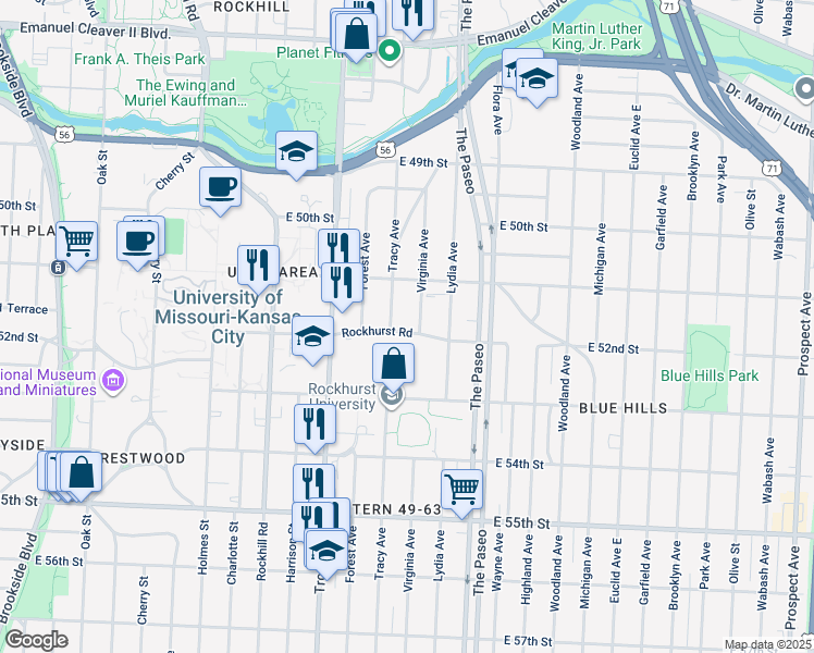 map of restaurants, bars, coffee shops, grocery stores, and more near 1314 Rockhurst Road in Kansas City