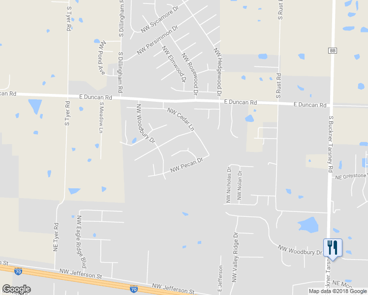 map of restaurants, bars, coffee shops, grocery stores, and more near 1006 Northwest Magnolia Lane in Grain Valley