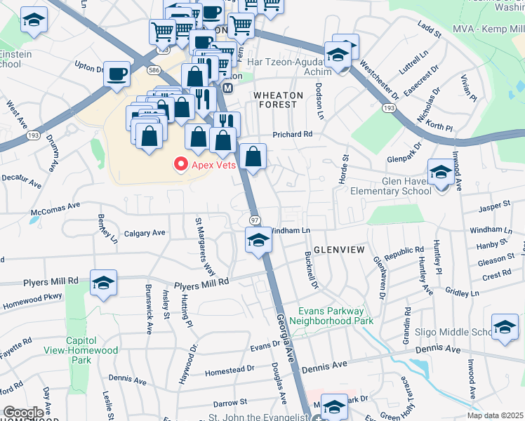 map of restaurants, bars, coffee shops, grocery stores, and more near 10811 Georgia Avenue in Silver Spring
