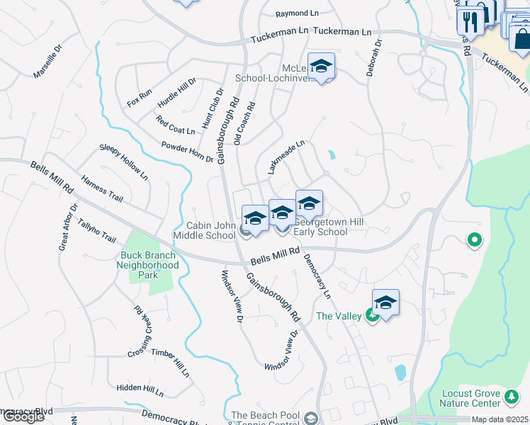 map of restaurants, bars, coffee shops, grocery stores, and more near 8510 Bells Ridge Terrace in Potomac