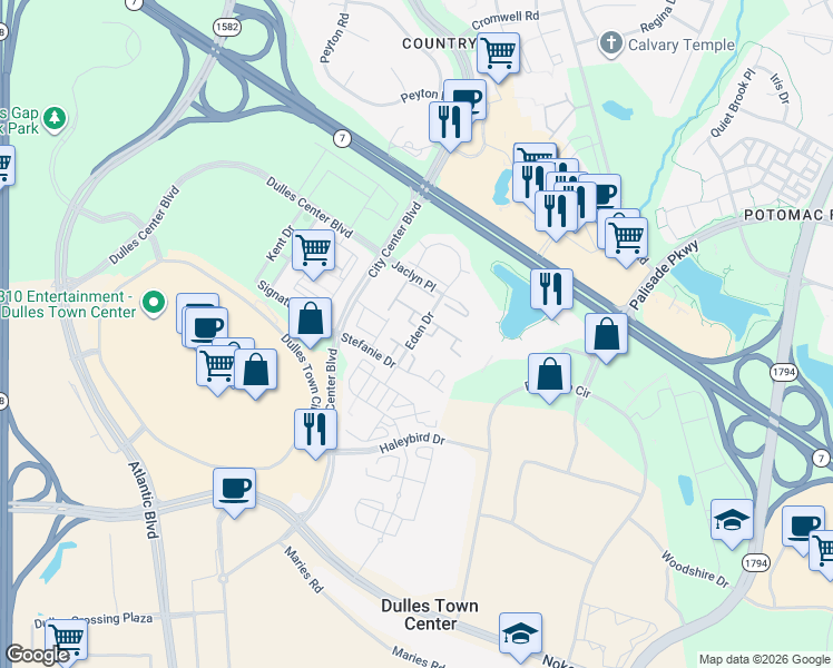 map of restaurants, bars, coffee shops, grocery stores, and more near Eden Drive in Sterling