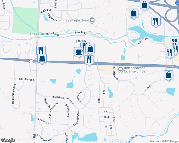 map of restaurants, bars, coffee shops, grocery stores, and more near 4711 South Shrank Drive in Independence