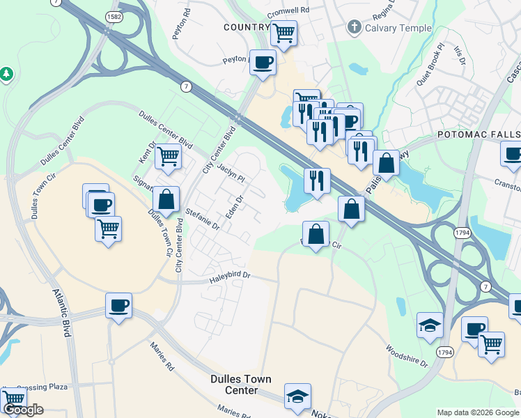 map of restaurants, bars, coffee shops, grocery stores, and more near 45850 Edwards Terrace in Sterling