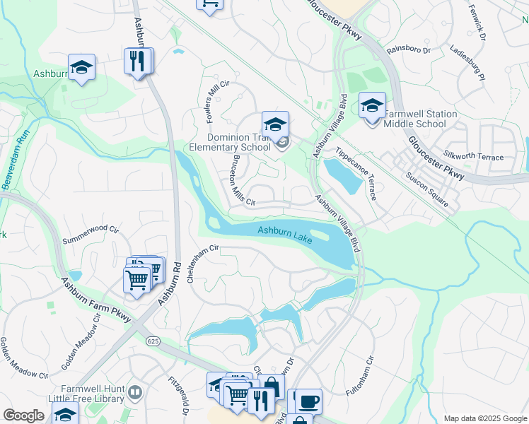 map of restaurants, bars, coffee shops, grocery stores, and more near 43979 Lords Valley Terrace in Ashburn