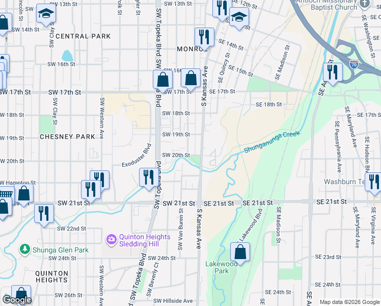 map of restaurants, bars, coffee shops, grocery stores, and more near 1901-1999 SW Van Buren St in Topeka