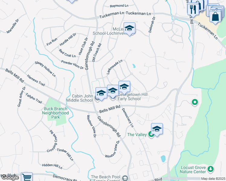 map of restaurants, bars, coffee shops, grocery stores, and more near 8434 Bells Ridge Terrace in Rockville