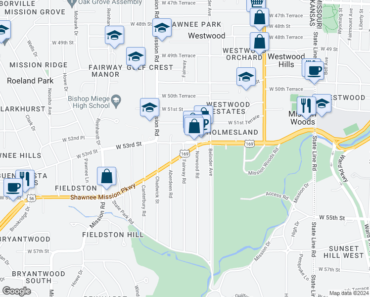 map of restaurants, bars, coffee shops, grocery stores, and more near 2828 Shawnee Mission Parkway in Fairway