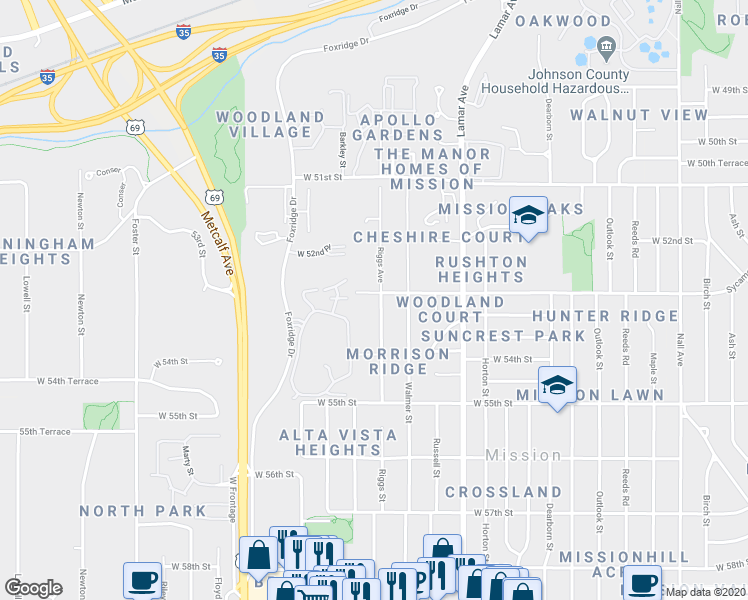 map of restaurants, bars, coffee shops, grocery stores, and more near 5300 Riggs Street in Mission