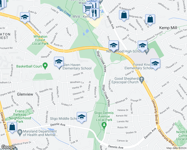 map of restaurants, bars, coffee shops, grocery stores, and more near 10749 Lester Street in Silver Spring