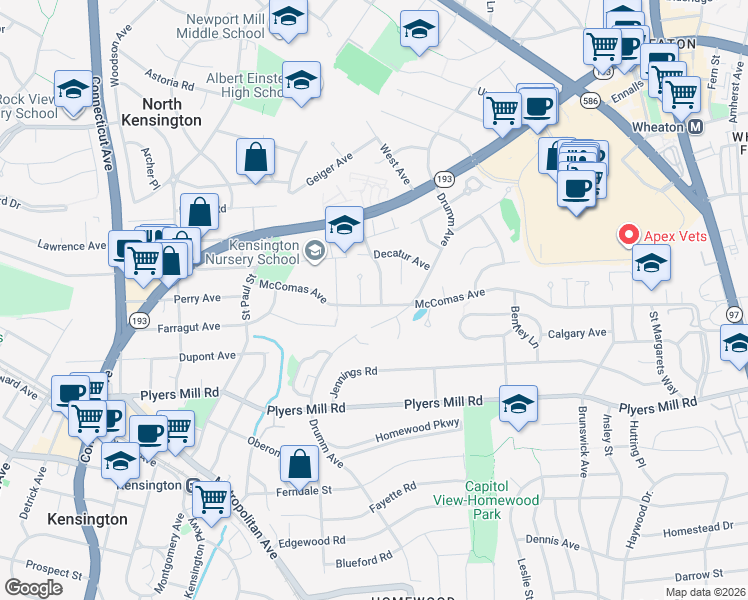 map of restaurants, bars, coffee shops, grocery stores, and more near 3115 McComas Avenue in Kensington