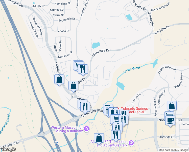 map of restaurants, bars, coffee shops, grocery stores, and more near 38 Rising Sun Terrace in Colorado Springs