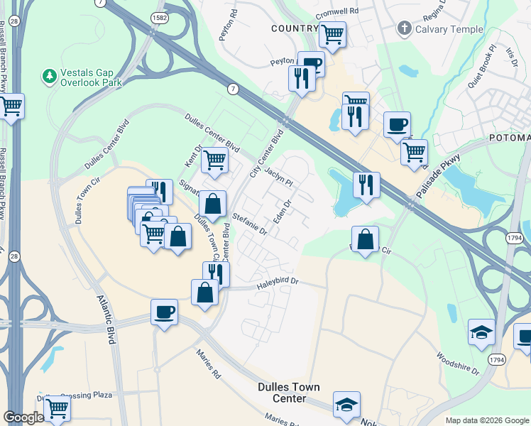 map of restaurants, bars, coffee shops, grocery stores, and more near 45772 Palace Terrace in Sterling