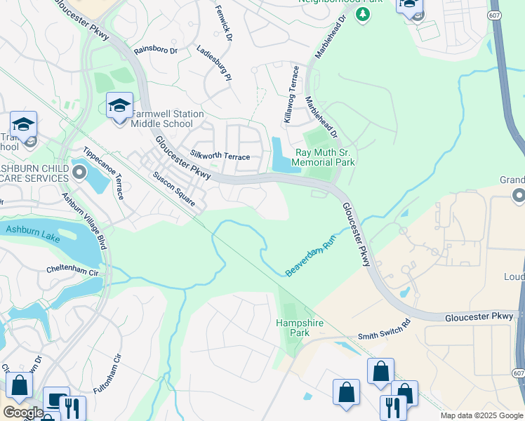 map of restaurants, bars, coffee shops, grocery stores, and more near 44494 Whitford Square in Ashburn