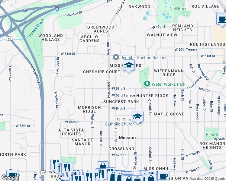 map of restaurants, bars, coffee shops, grocery stores, and more near 6201 West 53rd Street in Mission