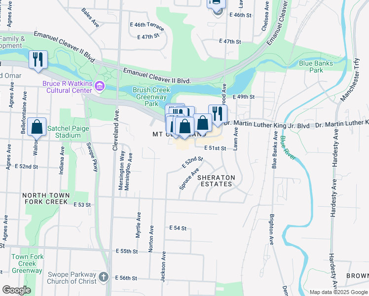 map of restaurants, bars, coffee shops, grocery stores, and more near 4209 East 51st Street in Kansas City
