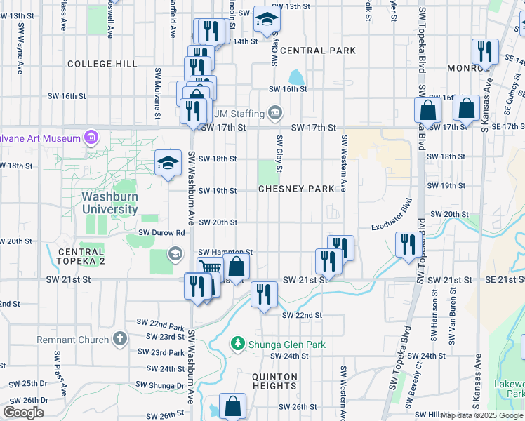 map of restaurants, bars, coffee shops, grocery stores, and more near 1926 Southwest Buchanan Street in Topeka