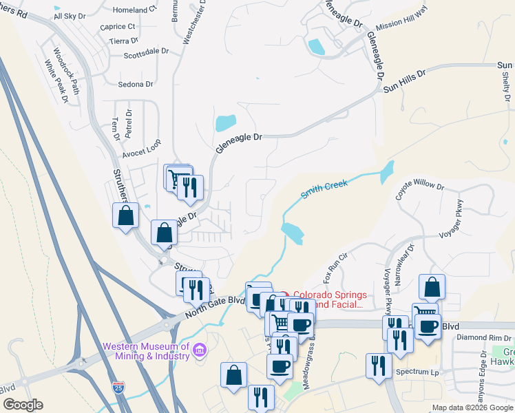 map of restaurants, bars, coffee shops, grocery stores, and more near 13786 Rivercrest Circle in Colorado Springs