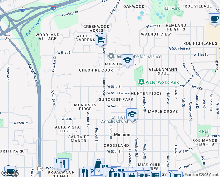 map of restaurants, bars, coffee shops, grocery stores, and more near 6201 West 53rd Street in Mission