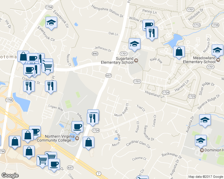 map of restaurants, bars, coffee shops, grocery stores, and more near 21057 View Glass Terrace in Sterling