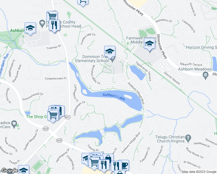 map of restaurants, bars, coffee shops, grocery stores, and more near 43989 Lords Valley Terrace in Ashburn