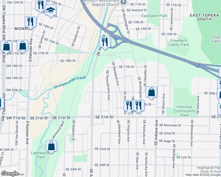 map of restaurants, bars, coffee shops, grocery stores, and more near 1828 Southeast Pennsylvania Avenue in Topeka