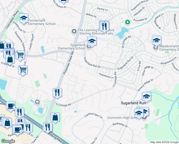 map of restaurants, bars, coffee shops, grocery stores, and more near 504 Giles Place in Sterling