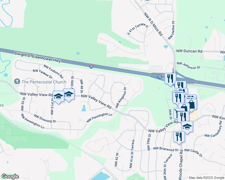 map of restaurants, bars, coffee shops, grocery stores, and more near 1412 Northwest Kingston Road in Blue Springs