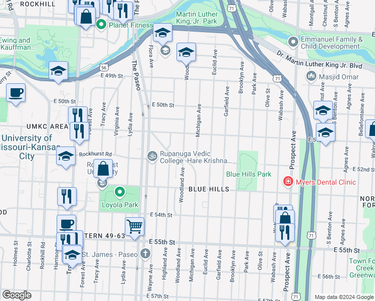 map of restaurants, bars, coffee shops, grocery stores, and more near 5131 Woodland Avenue in Kansas City