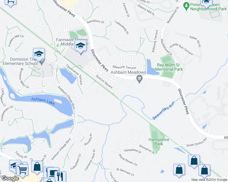 map of restaurants, bars, coffee shops, grocery stores, and more near 44309 Suscon Square in Ashburn