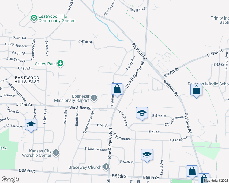 map of restaurants, bars, coffee shops, grocery stores, and more near 5009 Byrams Ford Road in Kansas City