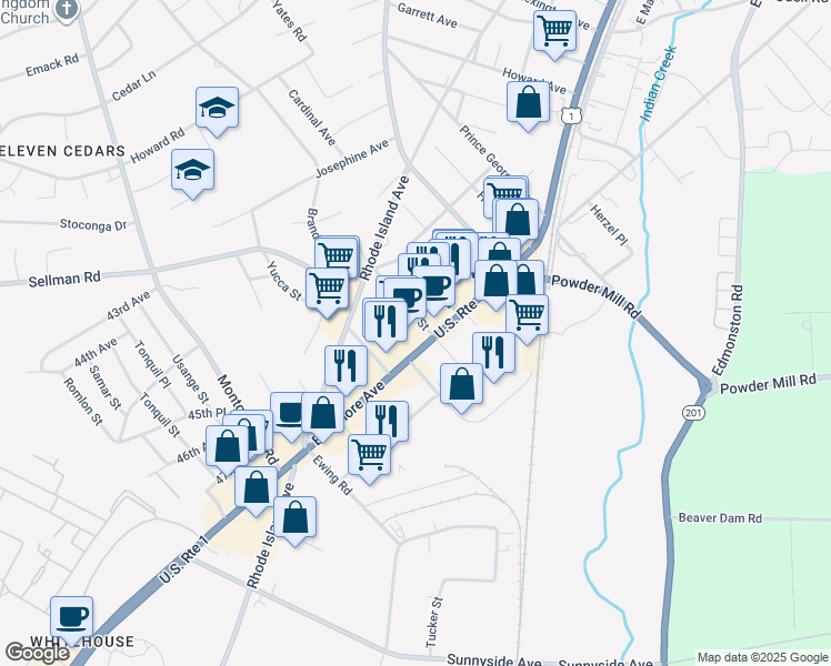 map of restaurants, bars, coffee shops, grocery stores, and more near 10916 Baltimore Avenue in Beltsville