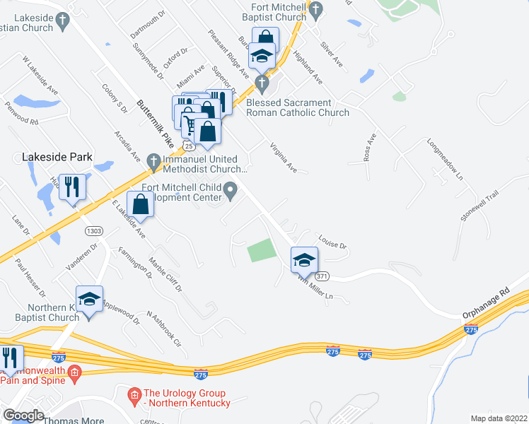 map of restaurants, bars, coffee shops, grocery stores, and more near 75 Orphanage Road in Fort Mitchell